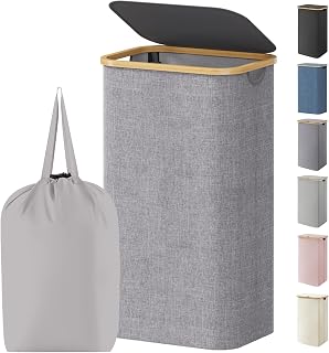 Lifewit 105L Laundry Basket with Lid, Foldable, Bamboo Handles, Light Grey
