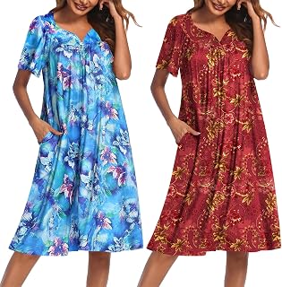 Ekouaer Moo Moos Women's Floral Print Short Sleeve Lounge Dresses with Pockets 2 Pack