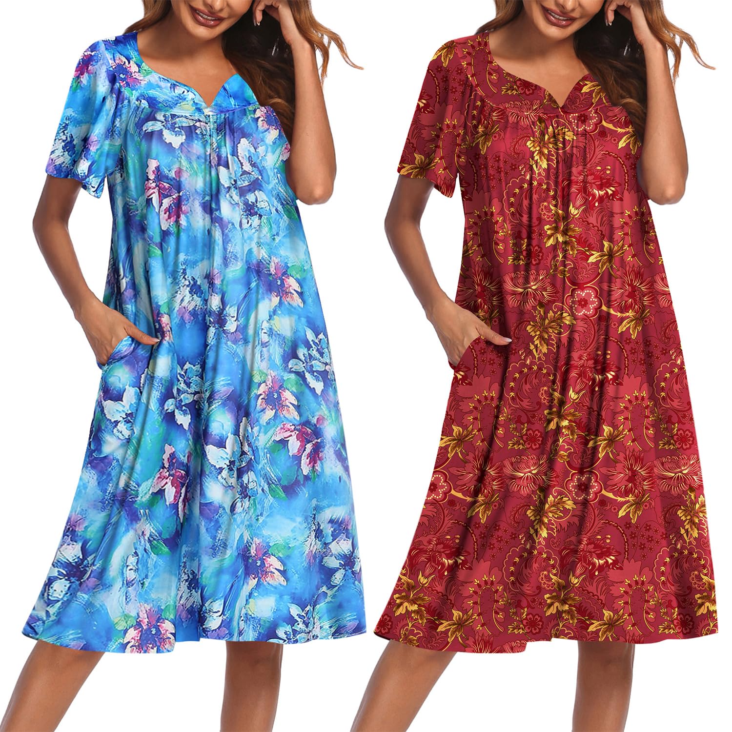 Ekouaer Moo Moos Women's Floral Print Short Sleeve Lounge Dresses with Pockets 2