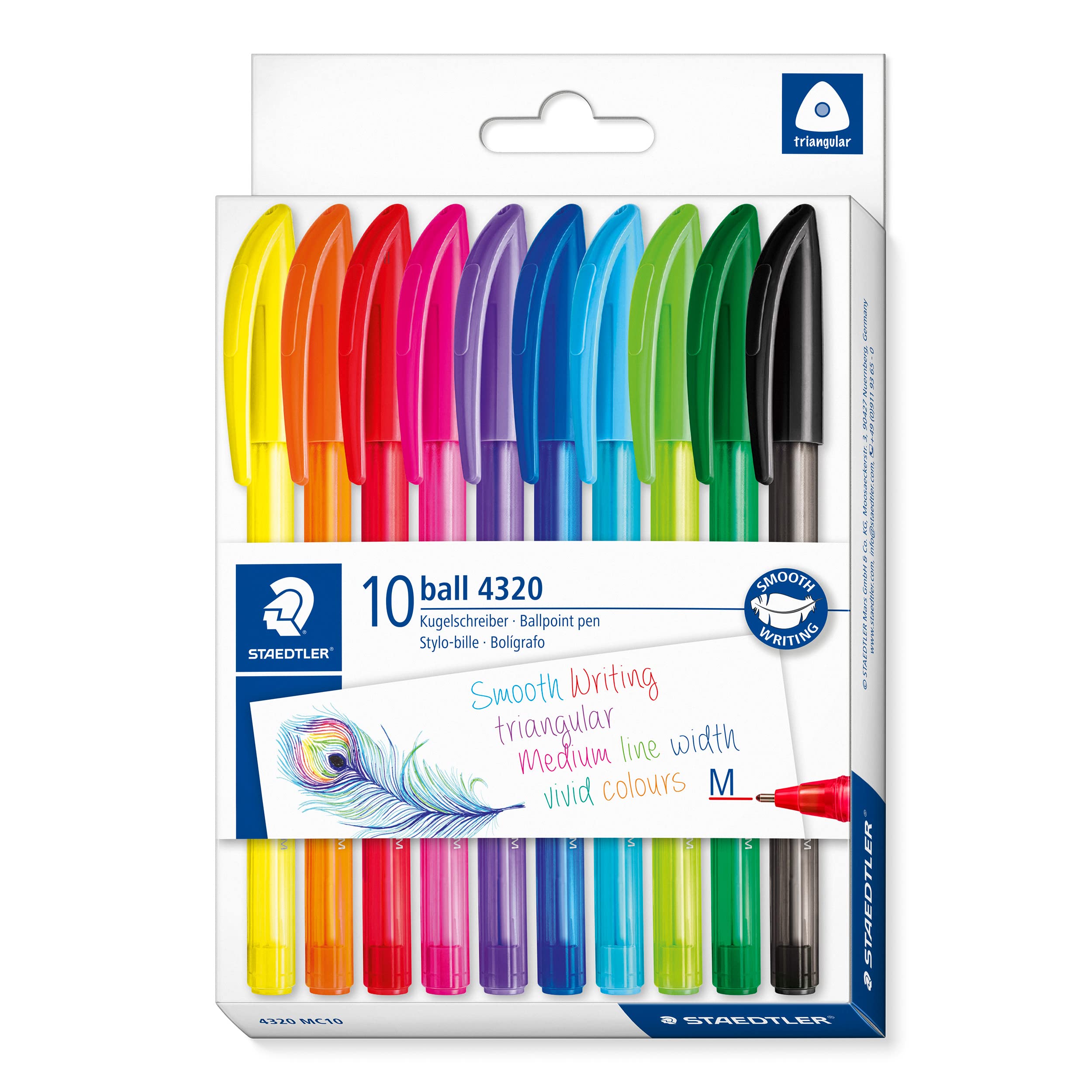 STAEDTLER ball 4320 M Ballpoint Pens – 10 Pack, Assorted | Triangular ergonomic 