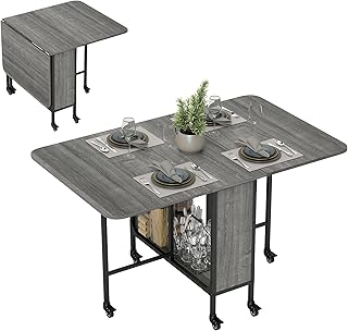 HOMCOM 51" Mobile Folding Dining Table for 6, Drop Leaf Distressed Grey | Extendable Kitchen Table, Foldable Design, Storage Shelf, 6 Wheels, Dining Room, Small Spaces