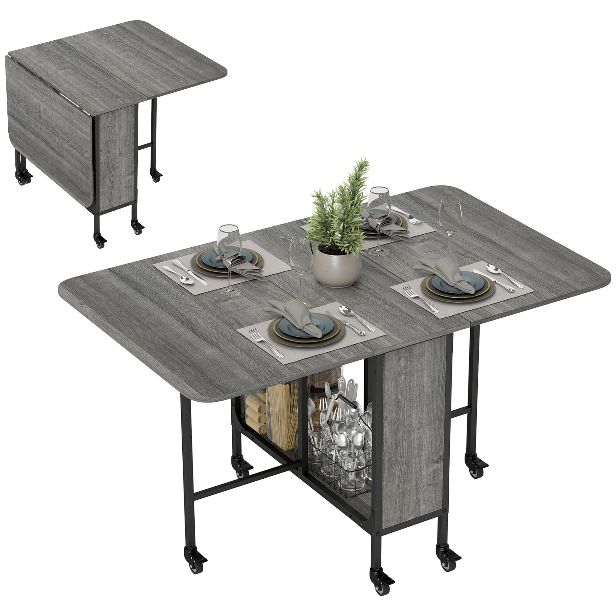 HOMCOM 51" Mobile Folding Dining Table for 6, Drop Leaf Distressed Grey | Extend