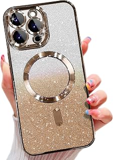 Misscase for iPhone 15 Pro Max Magnetic Glitter Case Compatible with MagSafe,Camera Lens Protector Full Protection Elegant Anti-Scratch Dust-Proof Net Case Cover for iPhone 15 Pro Max Gold