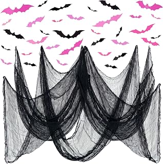 Vincreem Halloween Creepy Cloth 100 Pcs 3D Bat Sticker, Black,Red,Pink | 394x79'' Large Gauze Fabric for Haunted House Yard Lawn Outdoor, Party Patio Stair Drape, Spooky Cheesecloth Decor Supplies