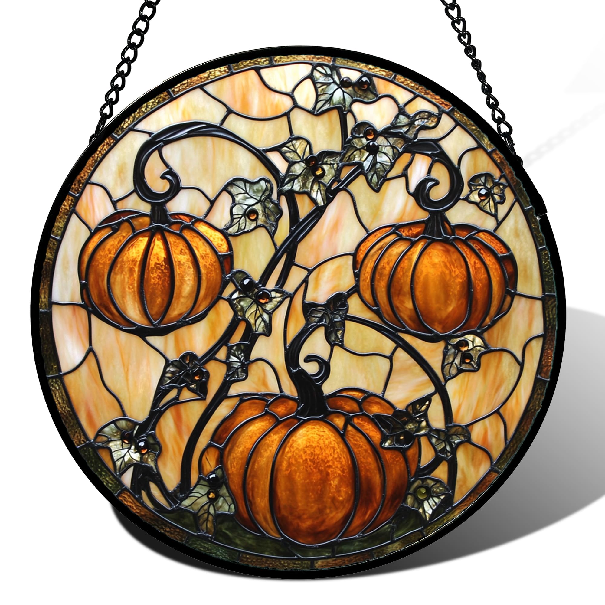 DASTOLL Stained Glass Hanging - Halloween Decoration, Pumpkin, Vine Leaves, Sunc