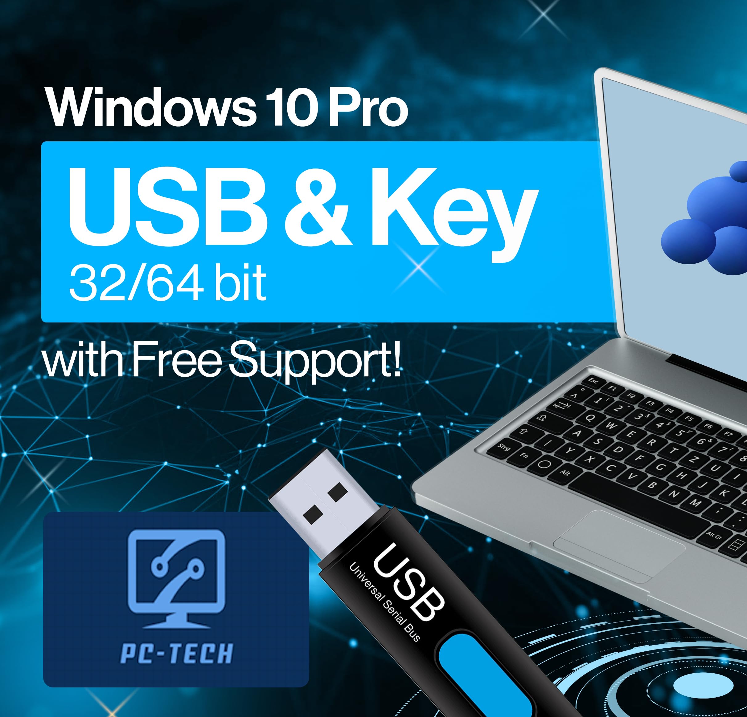 PC-TECH Compatible with Windows 10 Professional 64 Bit USB With Key. Factory fre