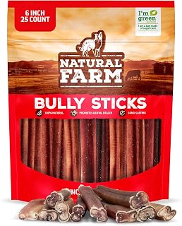 Natural Farm Odor-Free Bully Sticks for All Breeds, 6 Inch, 25 Count | Grass-Fed, Non-GMO, Grain-Free 100% Beef Pizzle. Single-Ingredient, Rawhide-Free, Fully Digestible, Long-Lasting