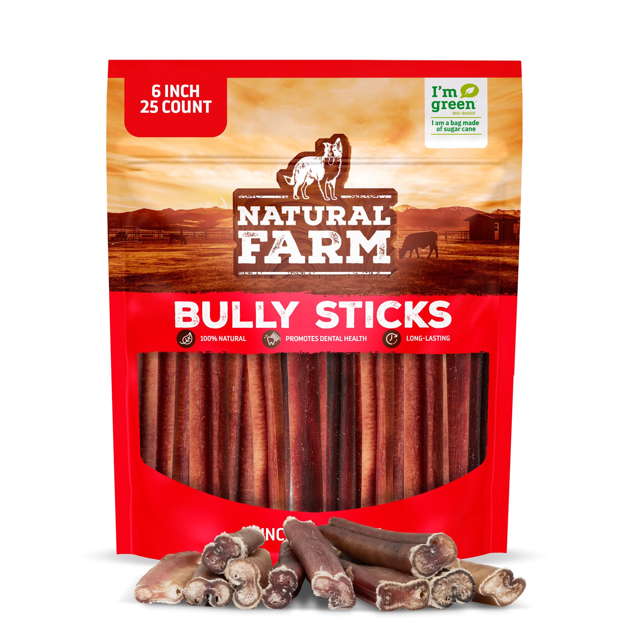 Natural Farm Odor-Free Bully Sticks for All Breeds, 6 Inch, 25 Count | Grass-Fed