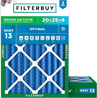 Filterbuy 20x25x4 Air Filter MERV 13 Smoke & Allergy Defense (2-Pack) | Electrostatic Pleated HVAC AC Furnace Filters Replacement, Made in USA (Actual Size: 19.50 x 24.50 x 3.63)