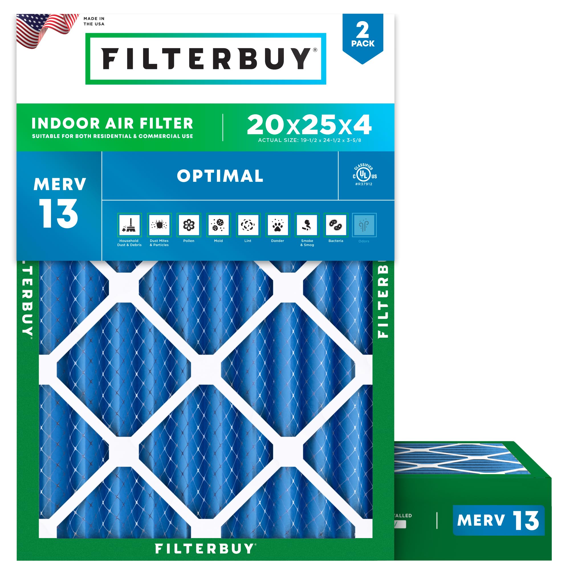 Filterbuy 20x25x4 Air Filter MERV 13 Smoke & Allergy Defense (2-Pack) | Electros