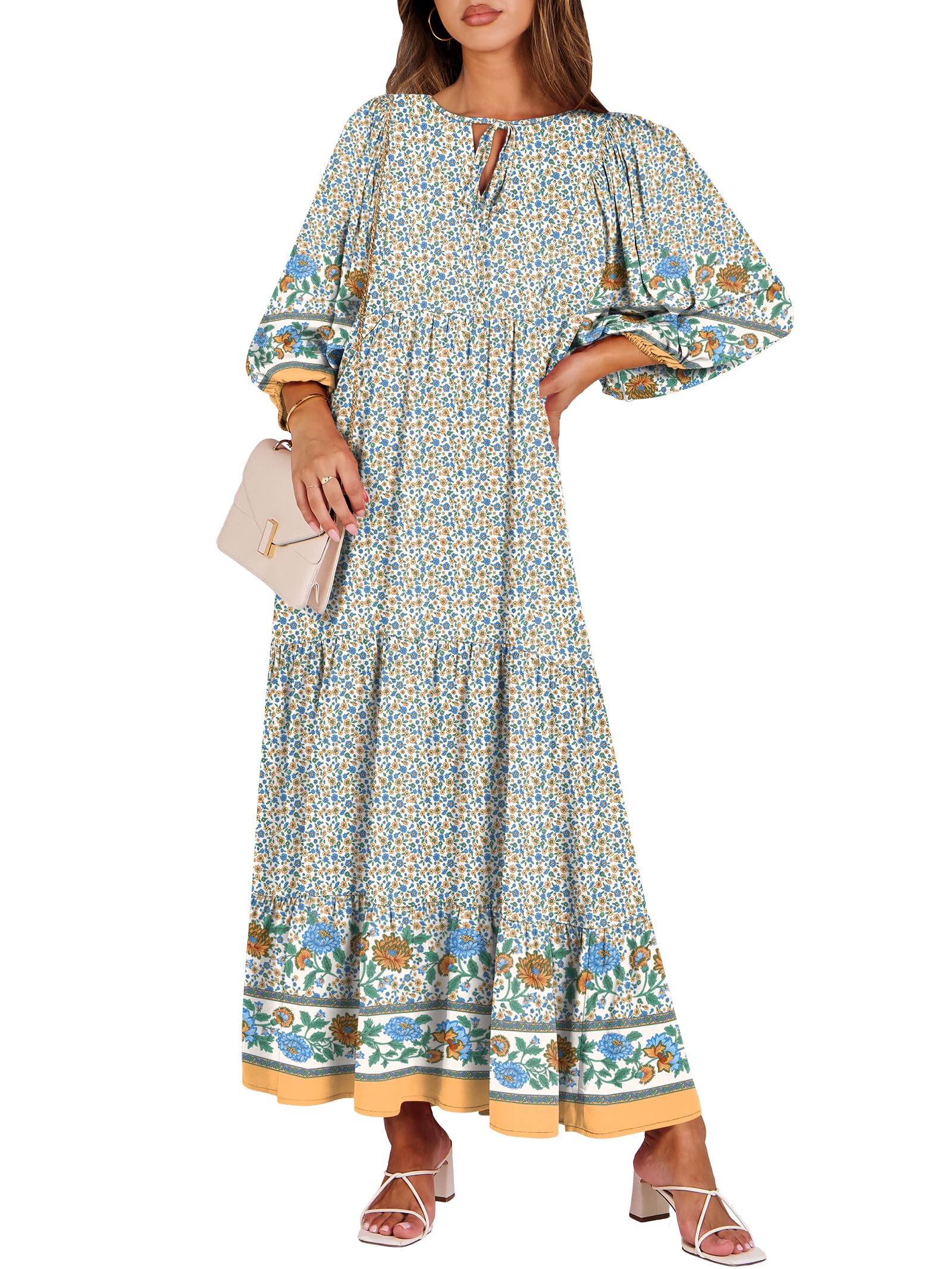 ANRABESS Womens Boho Maxi Dresses 2026 Summer V Neck Puff Sleeve Floral Flowy Sw