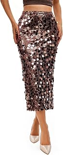 JASGOOD Sequin Skirt Women Elastic High Waist Midi Skirt Side Slit Skirt Sparkly Elastic Skirt for Evening Out Cocktail Party