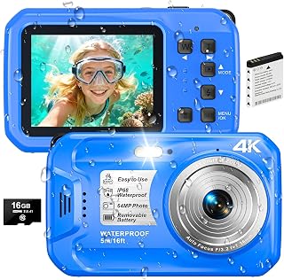 4K Underwater Camera, 64MP 16FT Compact Waterproof Camera with 16GB Card | Floatable Digital Camera, 16X Digital Zoom, Auto Focus, Fill Light, 650mAh Battery, Ideal for Travel, Surfing, Swimming