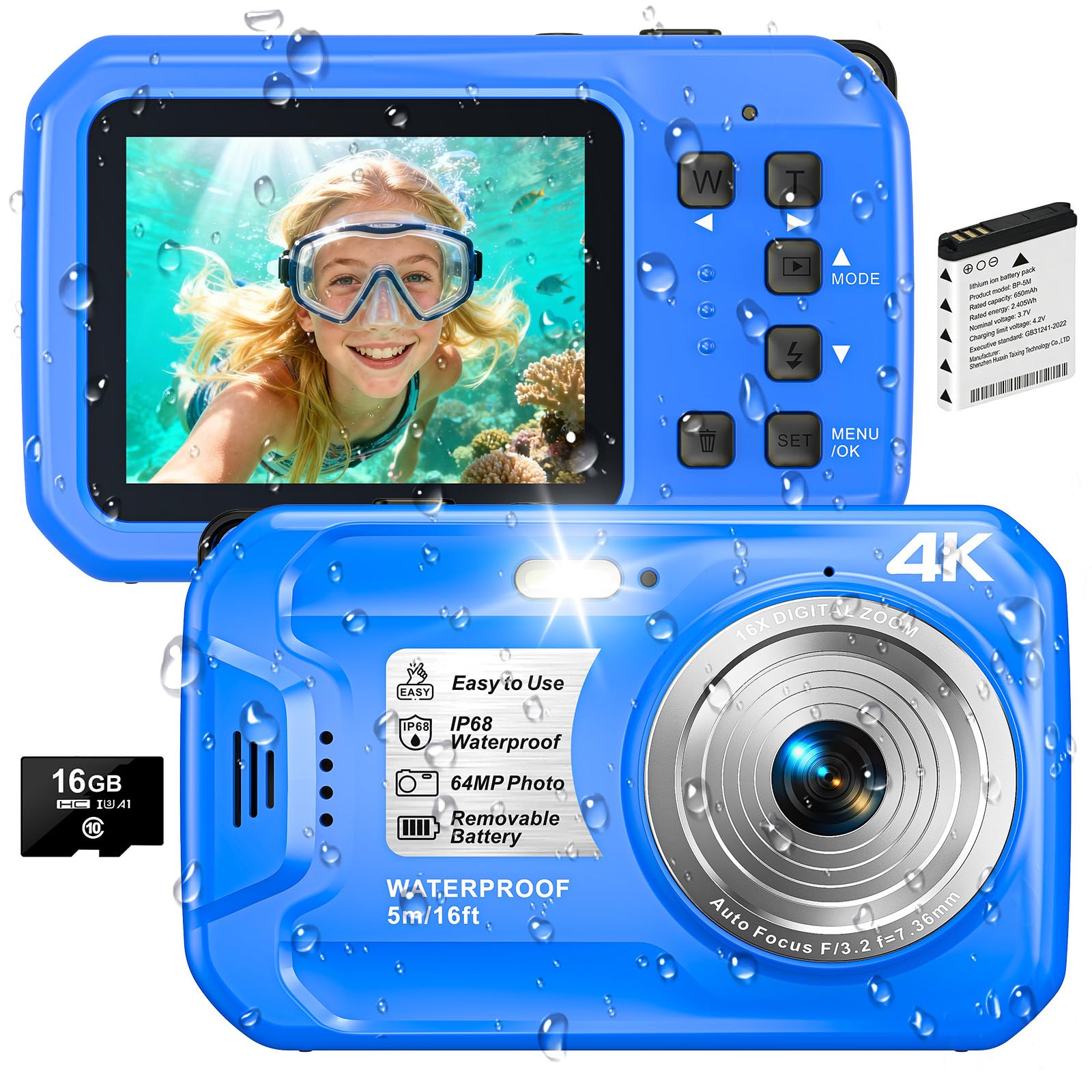 4K Underwater Camera, 64MP 16FT Compact Waterproof Camera with 16GB Card | Float