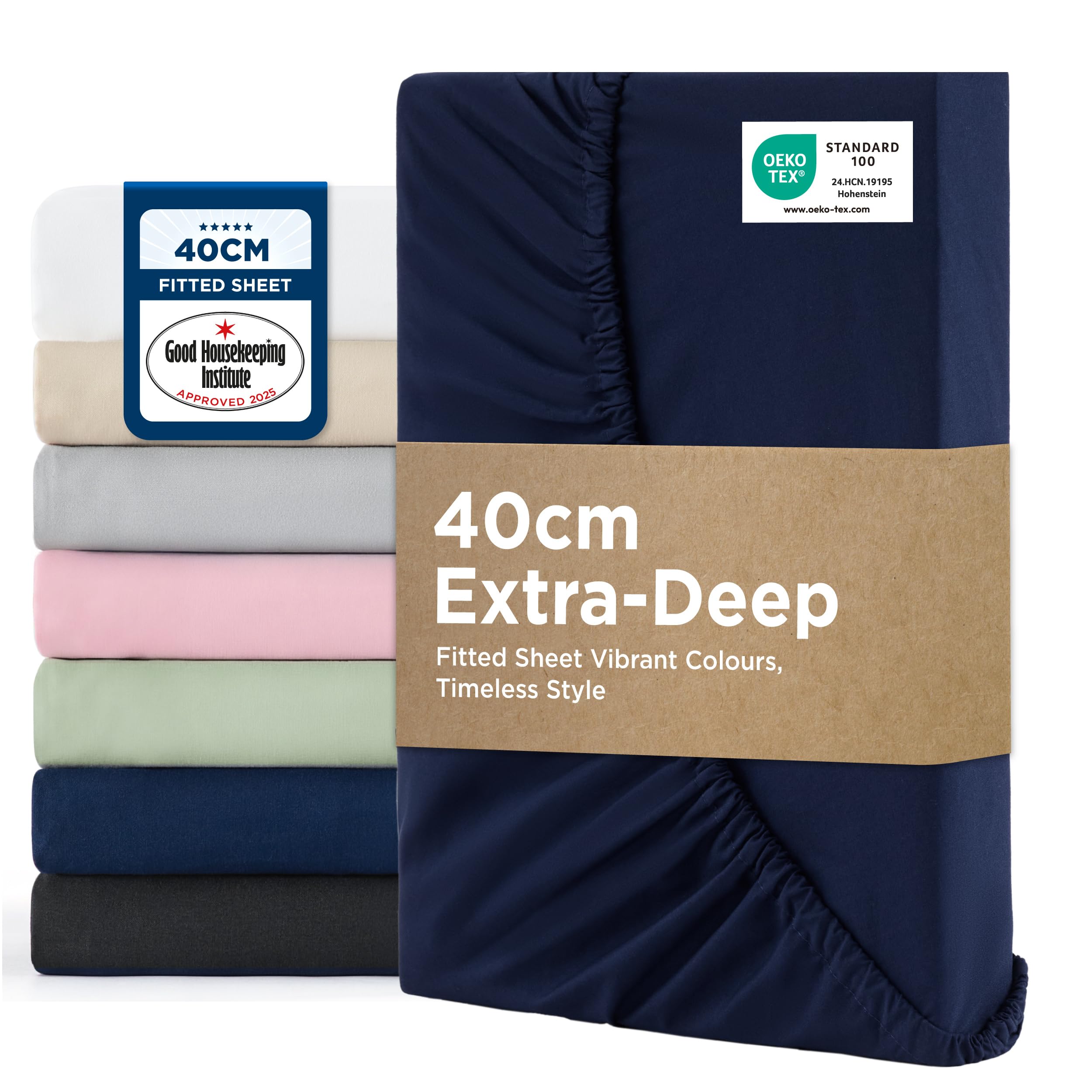 Bedsure Super King Fitted Sheet - 40cm Pocket, Navy, 180x200cm
