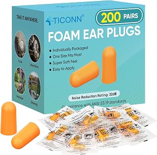 TICONN 200 Pairs Foam Ear Plugs Individually Wrapped, 32dB NRR for Sleep | Hearing Protection, Individually Wrapped, Secure Comfortable Fit, Disposable & Hygienic, for Study, Hunting, Work & Sleep