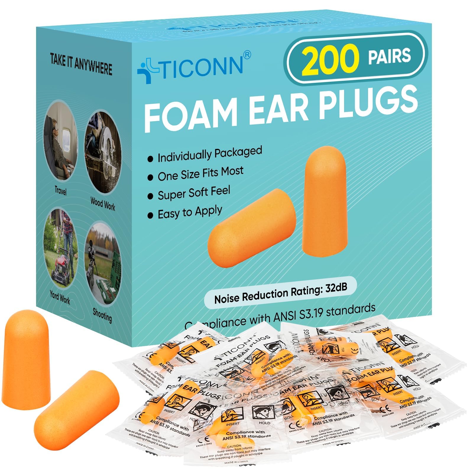 TICONN 200 Pairs Foam Ear Plugs Individually Wrapped, 32dB NRR for Sleep | Heari