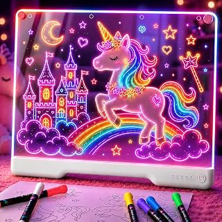 Geokay 16" Rechargeable LED Drawing Board with 9-Color Light Effects | Birthday & Christmas Gift Idea for Girls/Boys/Kids/Teens, Doodle Neon Glow Pad with Built-in Stand Tracing Book & 7 Markers