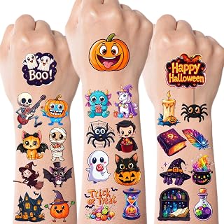 JCFIRE Temporary Tattoos for Kids, Halloween Party Favors, 160 Designs | 8 perforated sheets with 160 unique designs for goodie bags, Halloween crafts, classroom prizes and trick-or-treat handouts