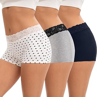 INNERSY Women's Cotton Lace Boxer Shorts with Crotch, Pack of 3