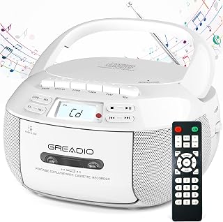 Greadio CD Player Boombox Cassette Player Combo with Bluetooth, AM/FM Radio | Cd and Cassette Player for Home,Remote Control,AUX/USB/Tape Recording,AC/DC Powered,Headphone Jack,LCD Display for Kids,Gift
