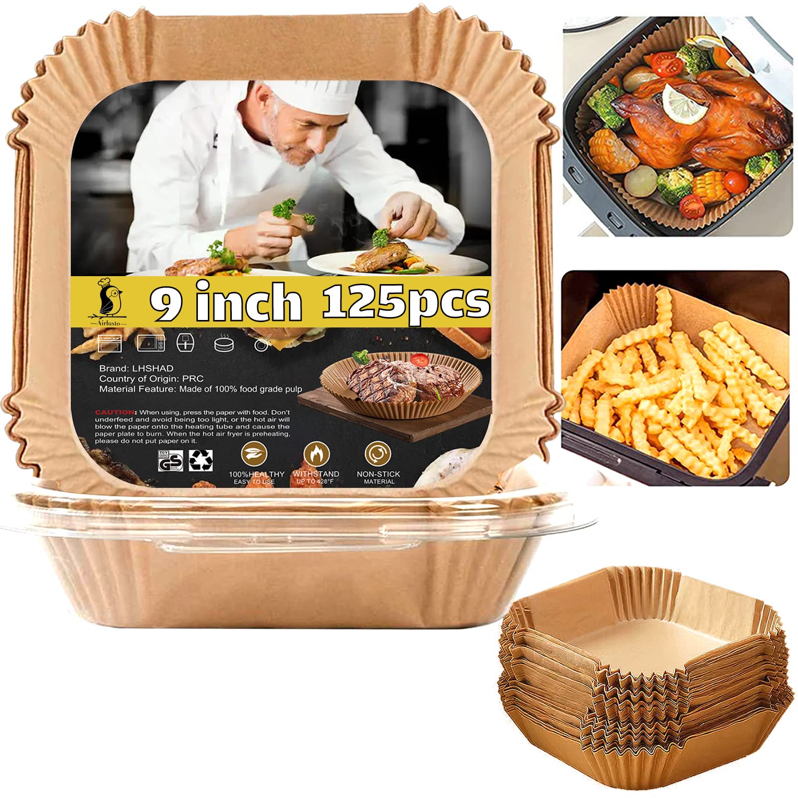 Air Fryer Liners Disposable 9 Inch, 9 inch Air Fryer Liners | 125 Pcs Large Squa