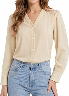 Enmain Women's Long Sleeve Shirt Chic and Elegant Chiffon Blouses V Neck Top Office Work Party with Buttons