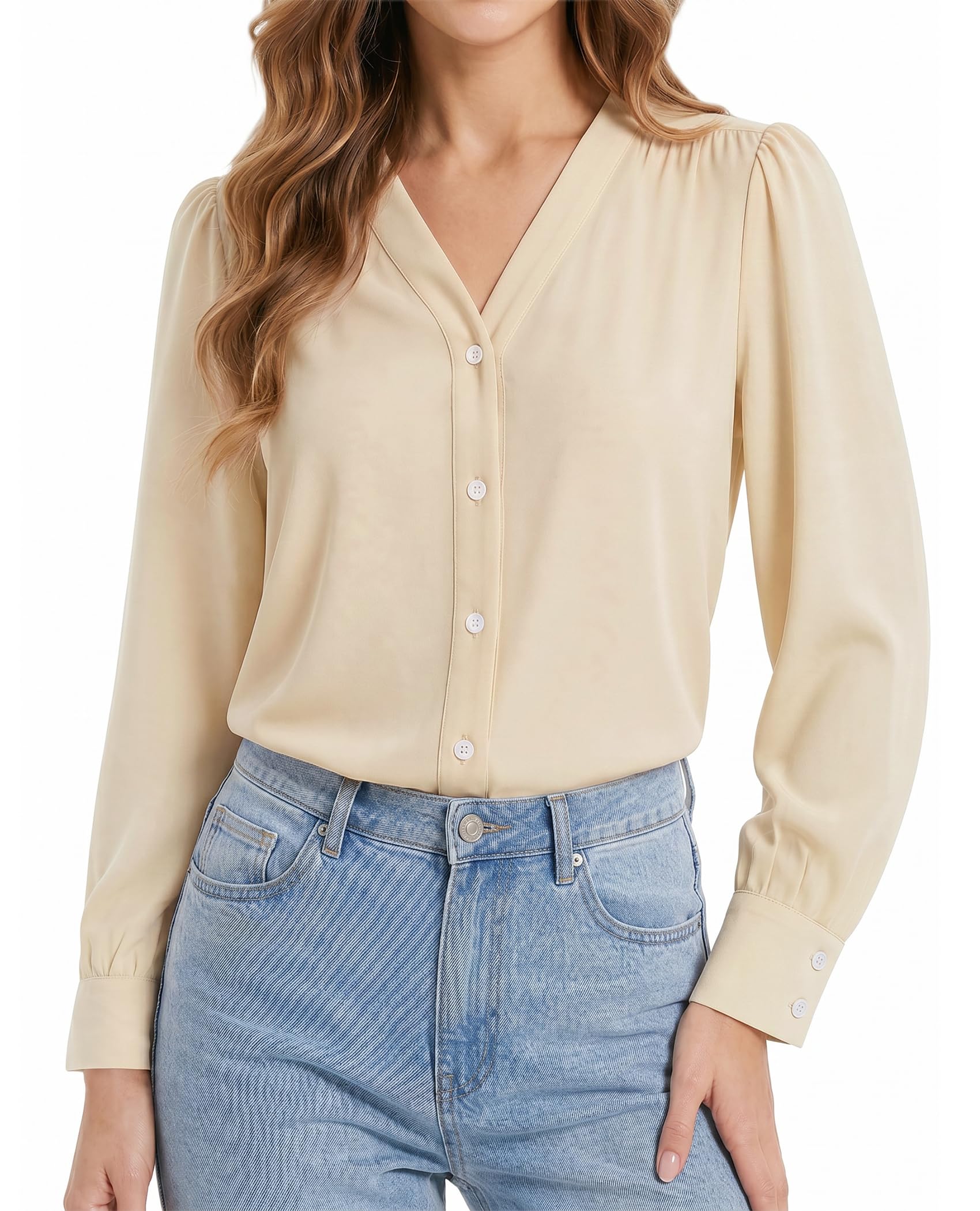 Enmain Women's Long Sleeve Shirt Chic and Elegant Chiffon Blouses V Neck Top Off