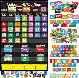 Calendar and Weather Pocket Chart for Kids Learning, Large 44.5”x28” Homeschooling Calendar Pocket Chart with 113 Cards, Teacher and Back to School Supplies