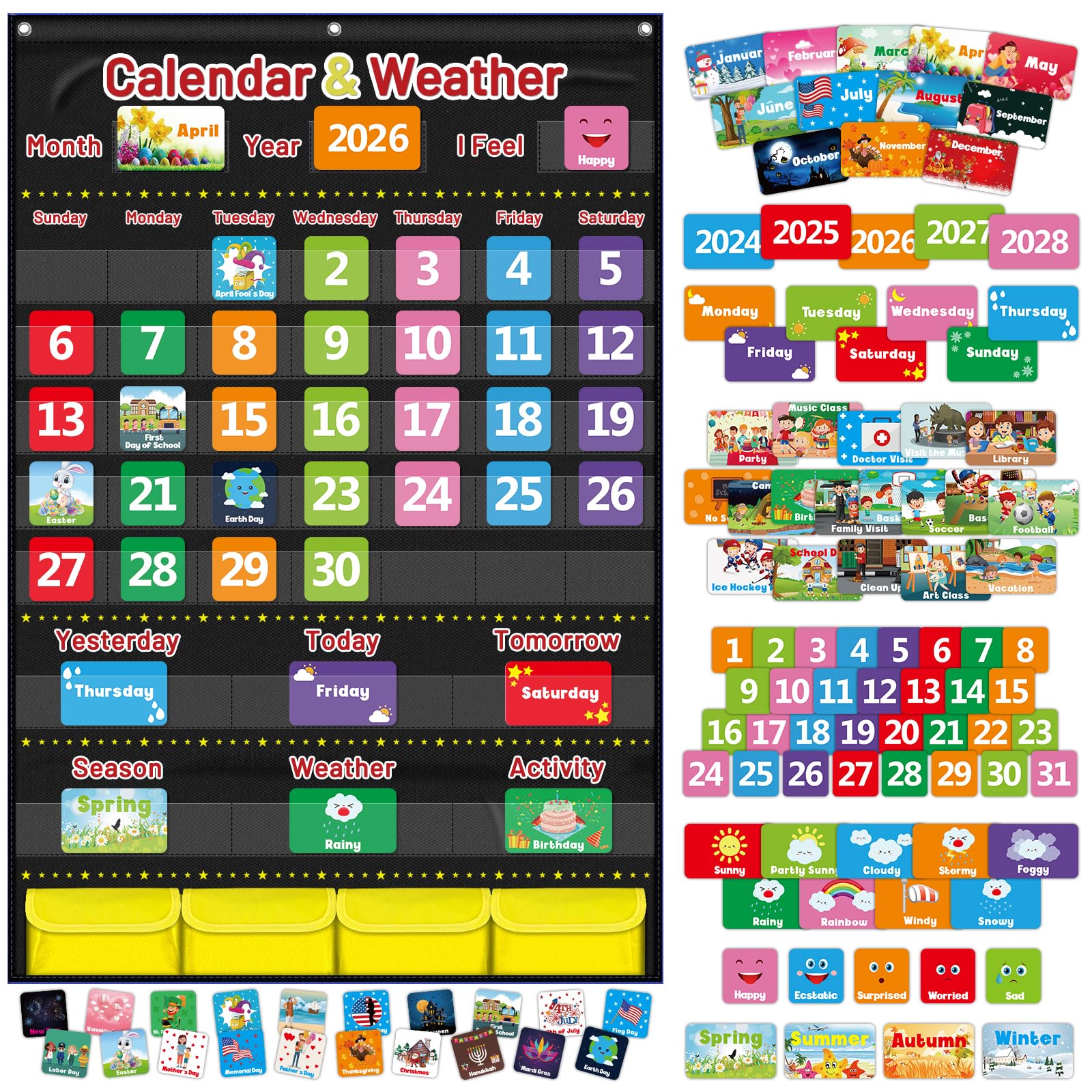Calendar and Weather Pocket Chart for Kids Learning, Large 44.5”x28” Homeschooli