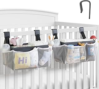 HOGARCOSAS 2-Pack Hanging Diaper Caddy Organizer for Crib, Playpen | 50+ Diaper Capacity. Changing Table Baby Diaper Caddy. Universal Hook Straps. Newborn Baby Essentials Nursery Storage. Grey