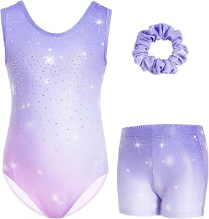Gogokids Girls Sleeveless Gymnastics Leotard Set Three Piece with Shorts and Scrunchie, Kids Gymnastics Outfits with Hollow Out & Criss Cross Design, Glitter Ballet Onesie for Ages 3-12