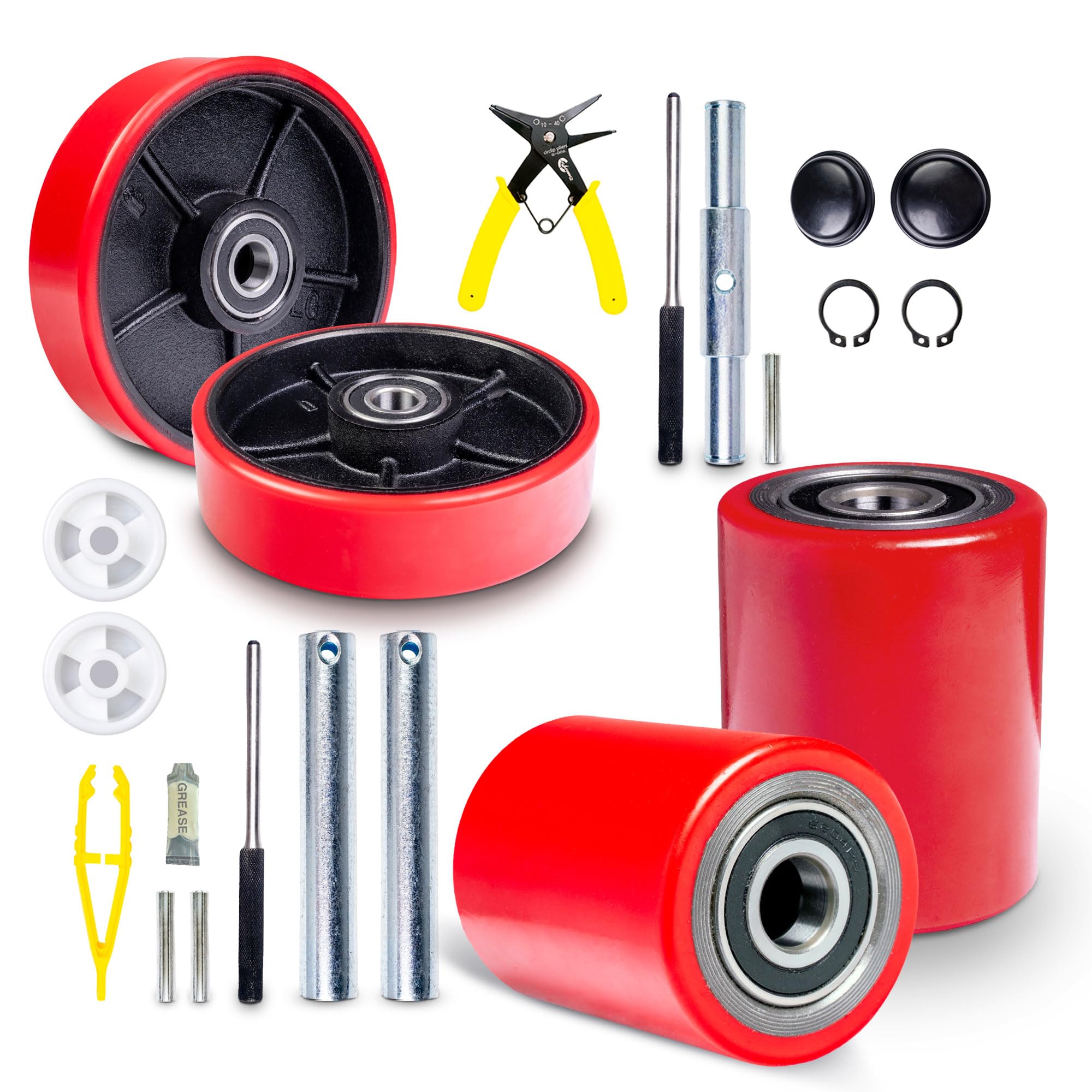 Pallet Jack/Truck FULL SET RED with Axles, Steering Wheels 7"x 2" Pair, Front Lo