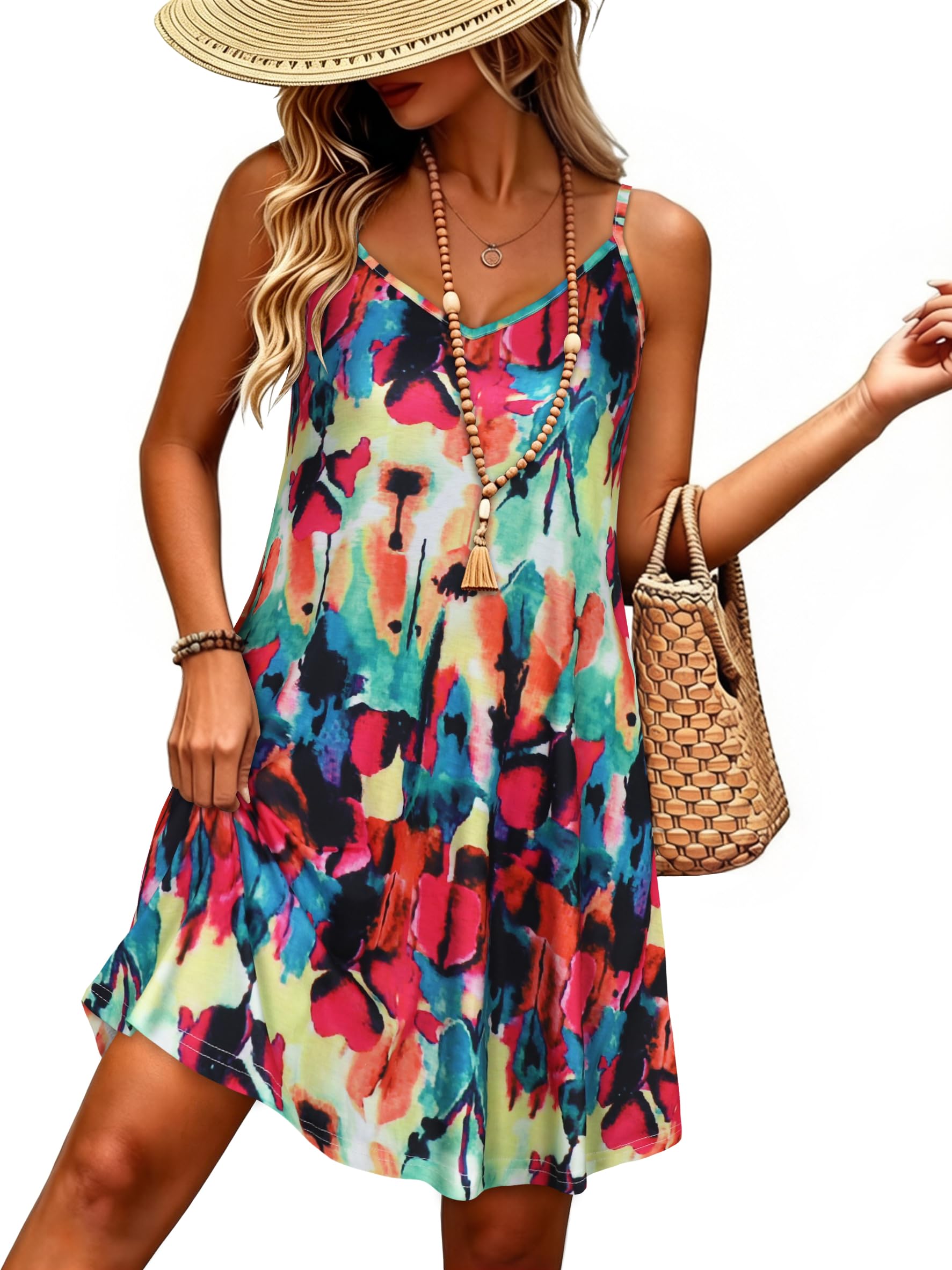 JOELLYUS Women Spaghetti Strap Dresses Summer Dress Beach Pocket Sundresses