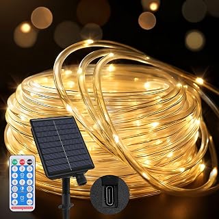 Outdoor Rope Lights 65.6ft/20m 200 LEDs, Dual Solar & Type-C Charging | 8 Lighting Modes with Remote Timer, Waterproof String Lights for Garden Yard Party Christmas Decoration- Warm White