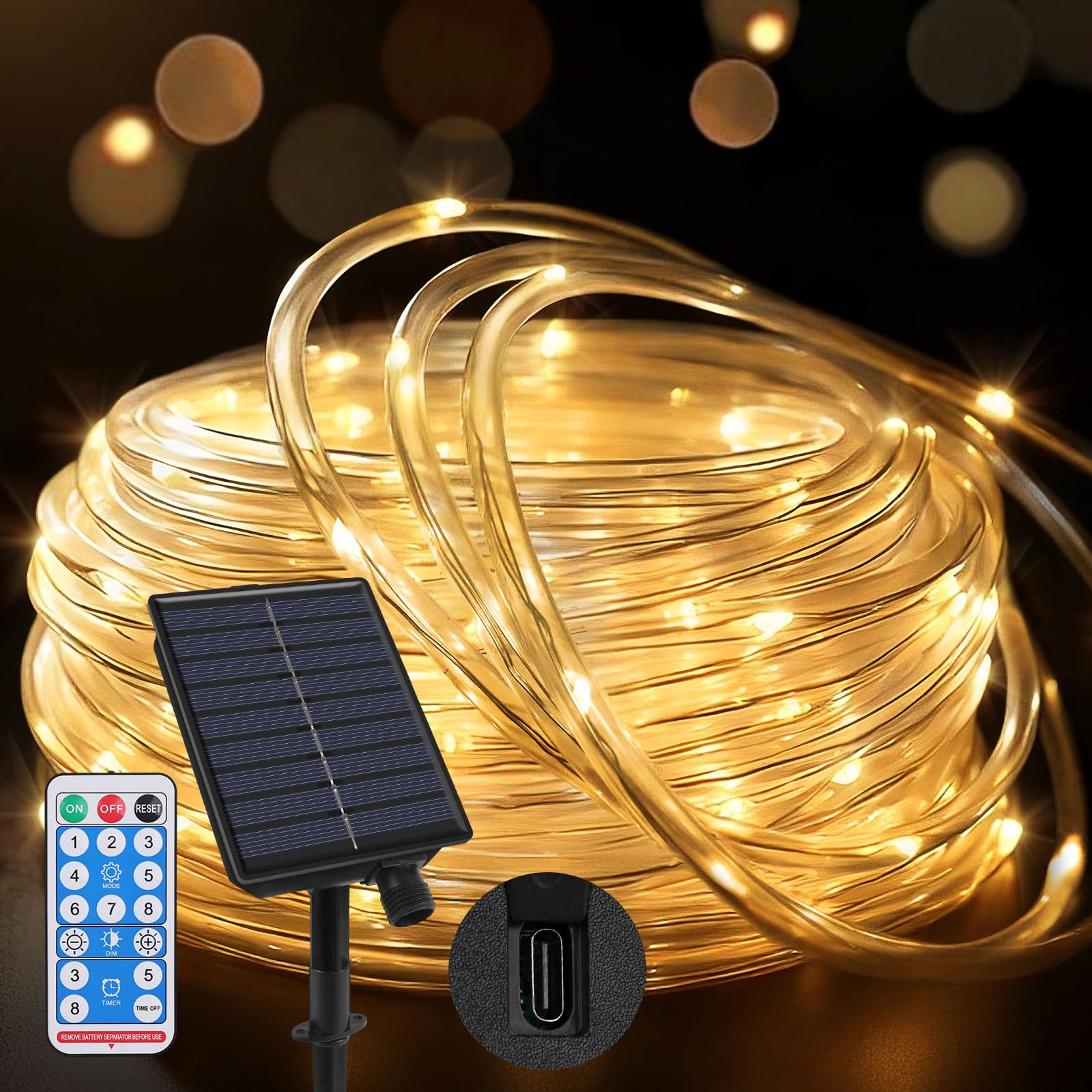 Outdoor Rope Lights 65.6ft/20m 200 LEDs, Dual Solar & Type-C Charging | 8 Lighti