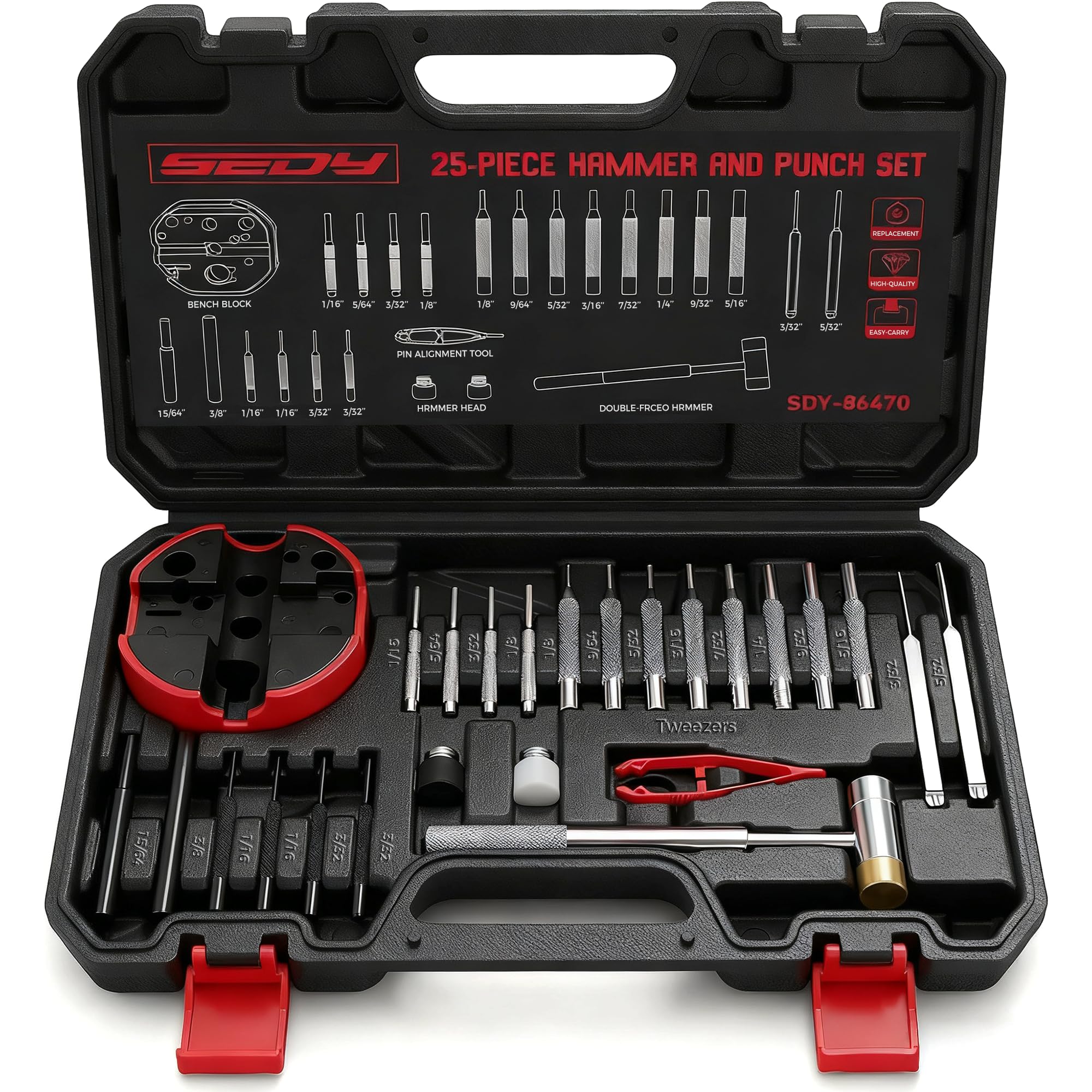 Premium Pin Punch Hammer Set: 25-Piece Punch Set and Hammer with Bench Block, St