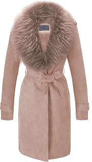 Bellivera Women's Faux Leather Trench Coat Fleece Lined Mid Length Jacket with Detachable Fur Collar