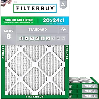 Filterbuy 20x24x1 Air Filter MERV 8 Essential Dust & Allergy Defense (4-Pack), Electrostatic Pleated HVAC AC Furnace Filters Replacement, Made in USA (Actual Size: 19.38 x 23.38 x 0.75)