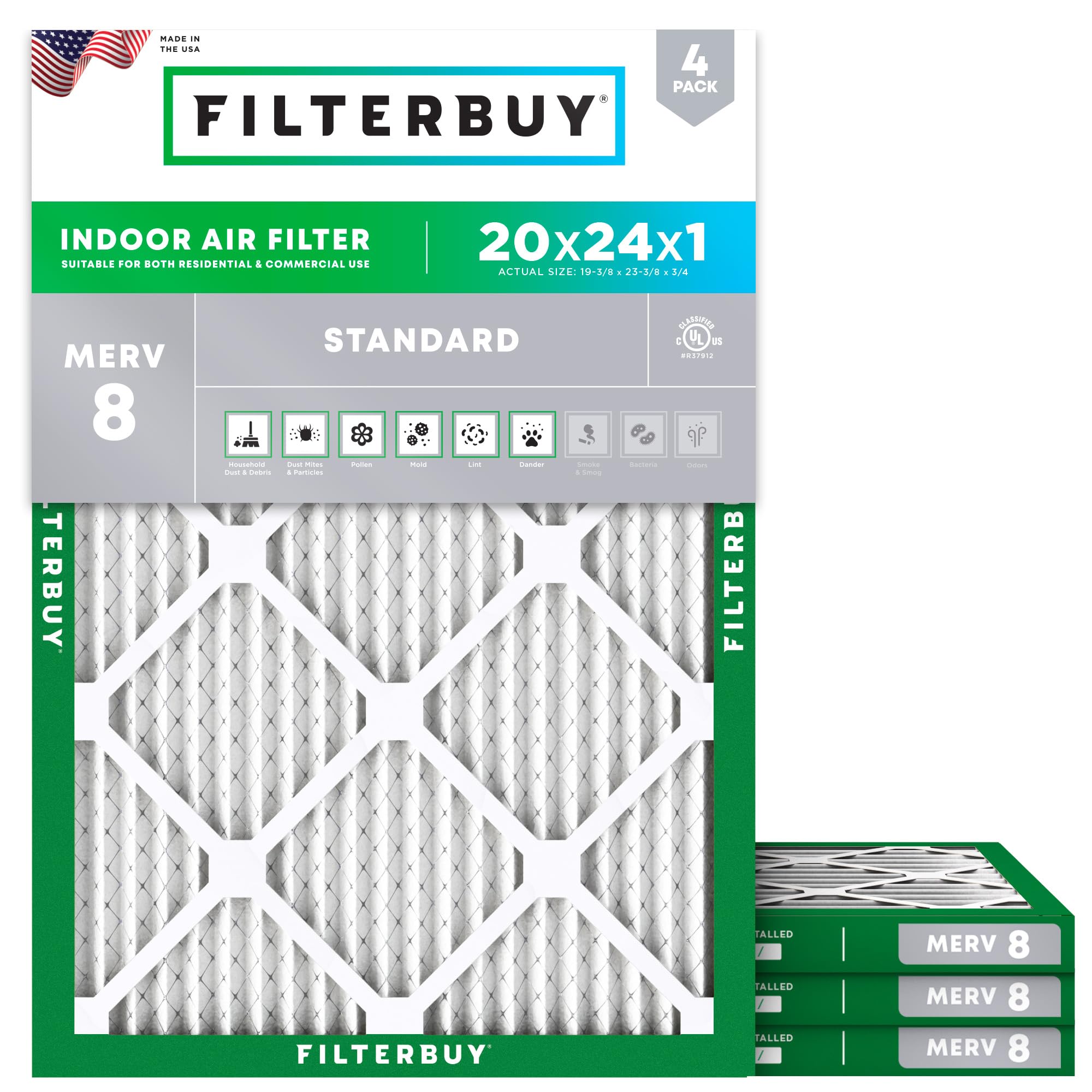 Filterbuy 20x24x1 Air Filter MERV 8 Essential Dust & Allergy Defense (4-Pack), E