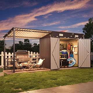 Aoxun 12x4FT Outdoor Lean to Shed & Hardtop Gazebo Black | 6'x3.5' Metal Storage Shed with 6'x3.5' Pergola, 2-in-1 Durable Garden Tool Shed for Patio, Backyard, Deck