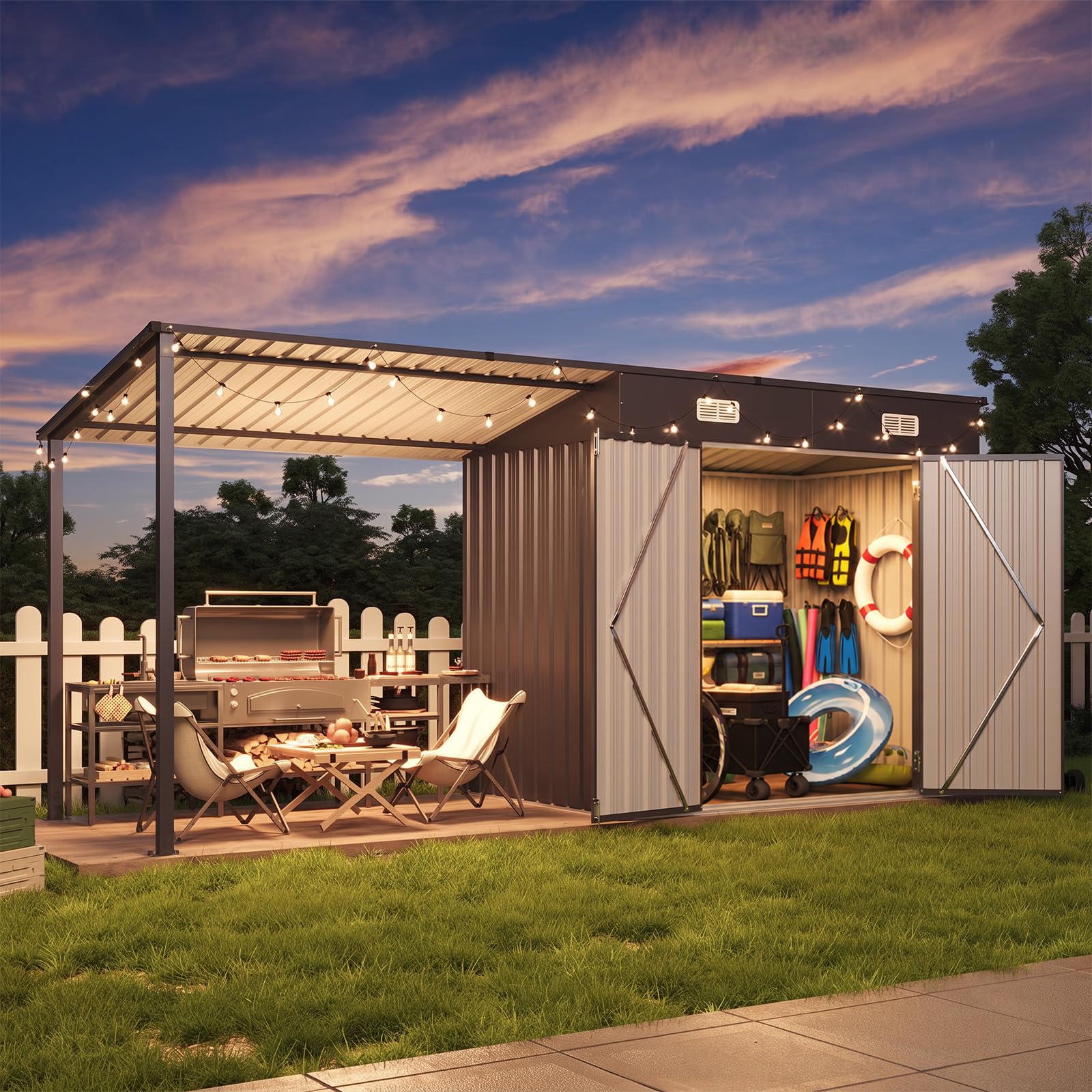 Aoxun 12x4FT Outdoor Lean to Shed & Hardtop Gazebo Black | 6'x3.5' Metal Storage