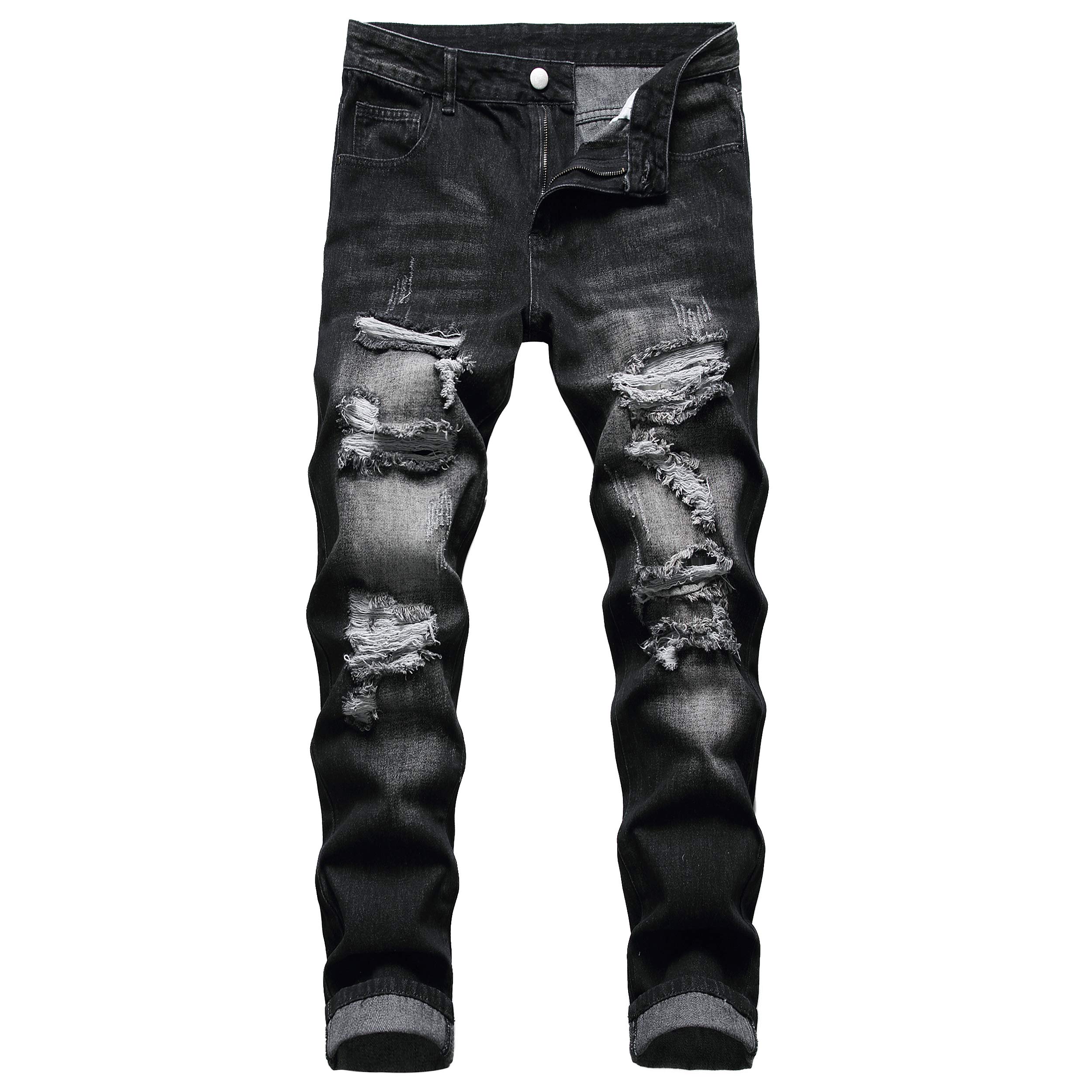Men's Ripped Jeans,Slim Fit Distressed Straight Leg Fashion Denim Pants