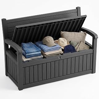 100 Gallon Outdoor Storage Bench,Waterproof Resin Deck Box with Seat Black | Waterproof Resin Lockable Design Large Storage Capacity, Bench Seating, Weather Resistant