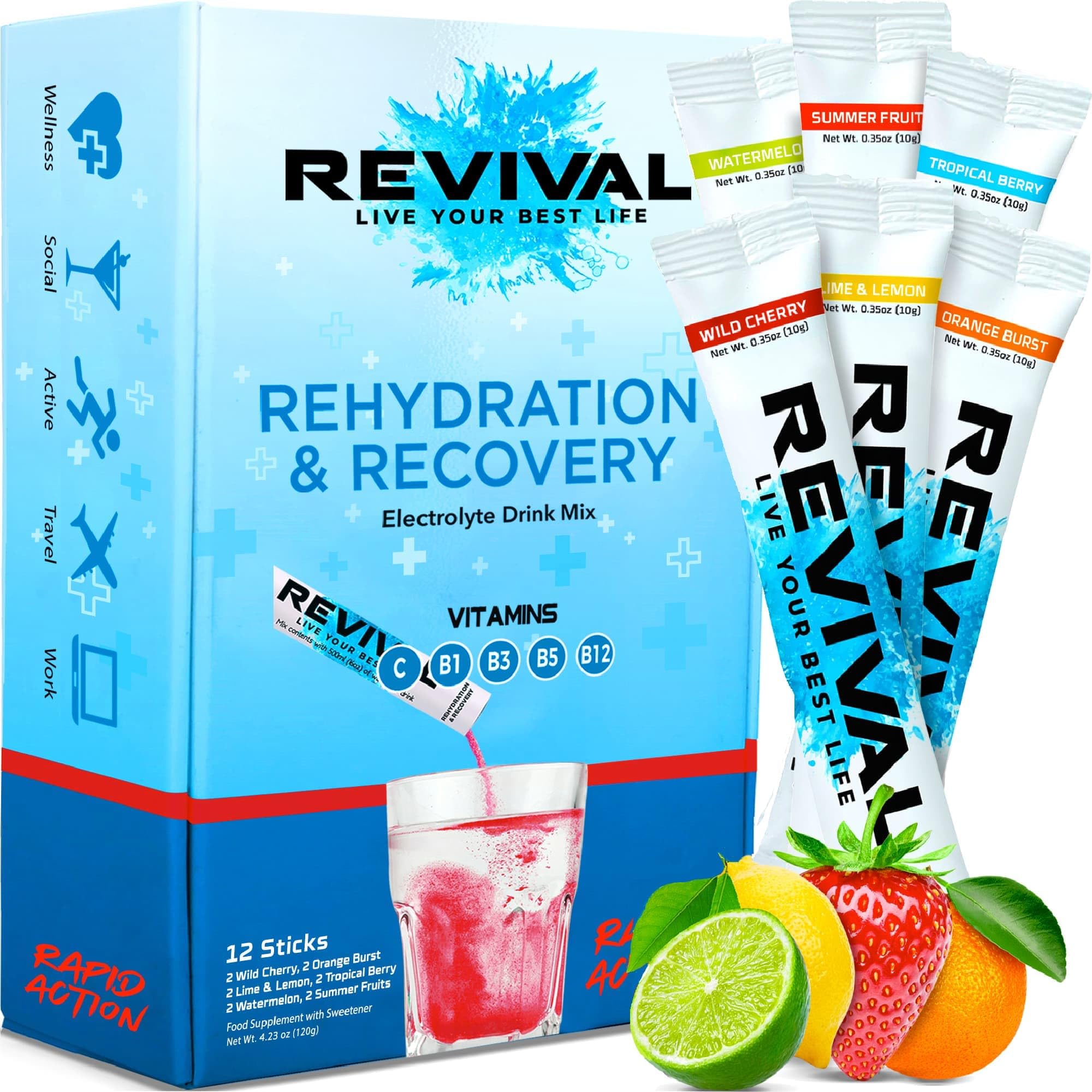 Revival Rapid Rehydration Electrolytes Powder | High Strength Sachet Drink | Pla