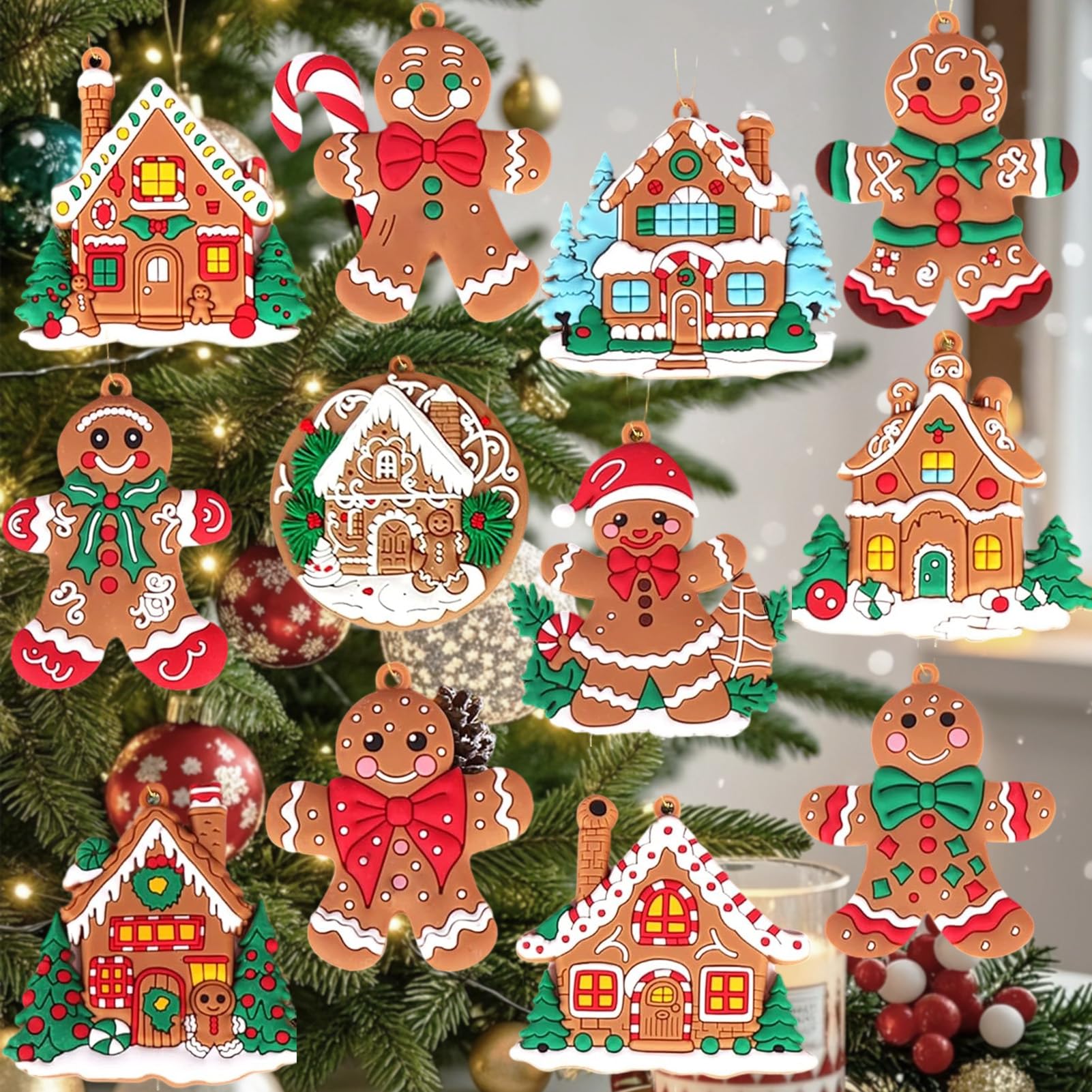 12 Pack Christmas Tree Ornaments, Gingerbread Man Decorations, Assorted Festive 