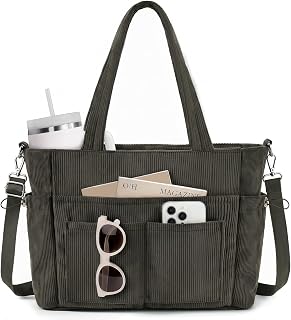 Prite Corduroy Tote Bag for Women, Multipocket Laptop Work Tote Purse