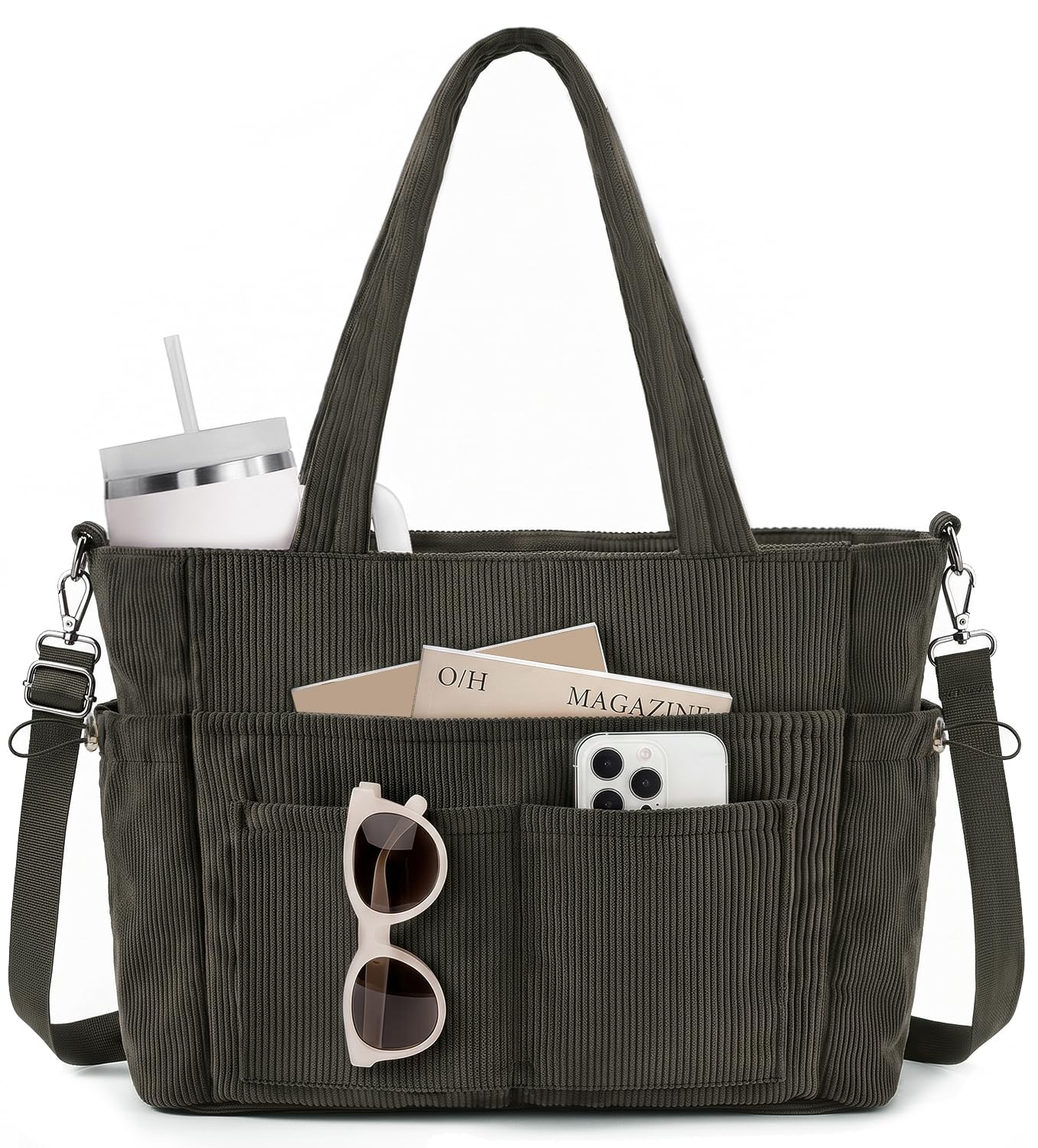 Prite Corduroy Tote Bag for Women, Multipocket Laptop Work Tote Purse