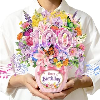 100th Birthday Card with Music & Lights,Pop Up Happy Birthday Card,Orchid Lilies Rose Butterflies Greeting Card，Elegant Floral with Envelope for Women Wife Mom Sister Daughter