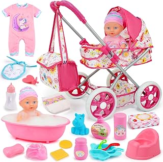 Baby Doll Stroller Set Toys for Girls Toddlers 3-5 4-6 5-7, Baby Doll Playset with 12.5 inch Doll, Bathtub and 20PCS Doll Accessories, Babies Stroller Toys for 3 4 5 6 Year Old Girls Birthday Gift